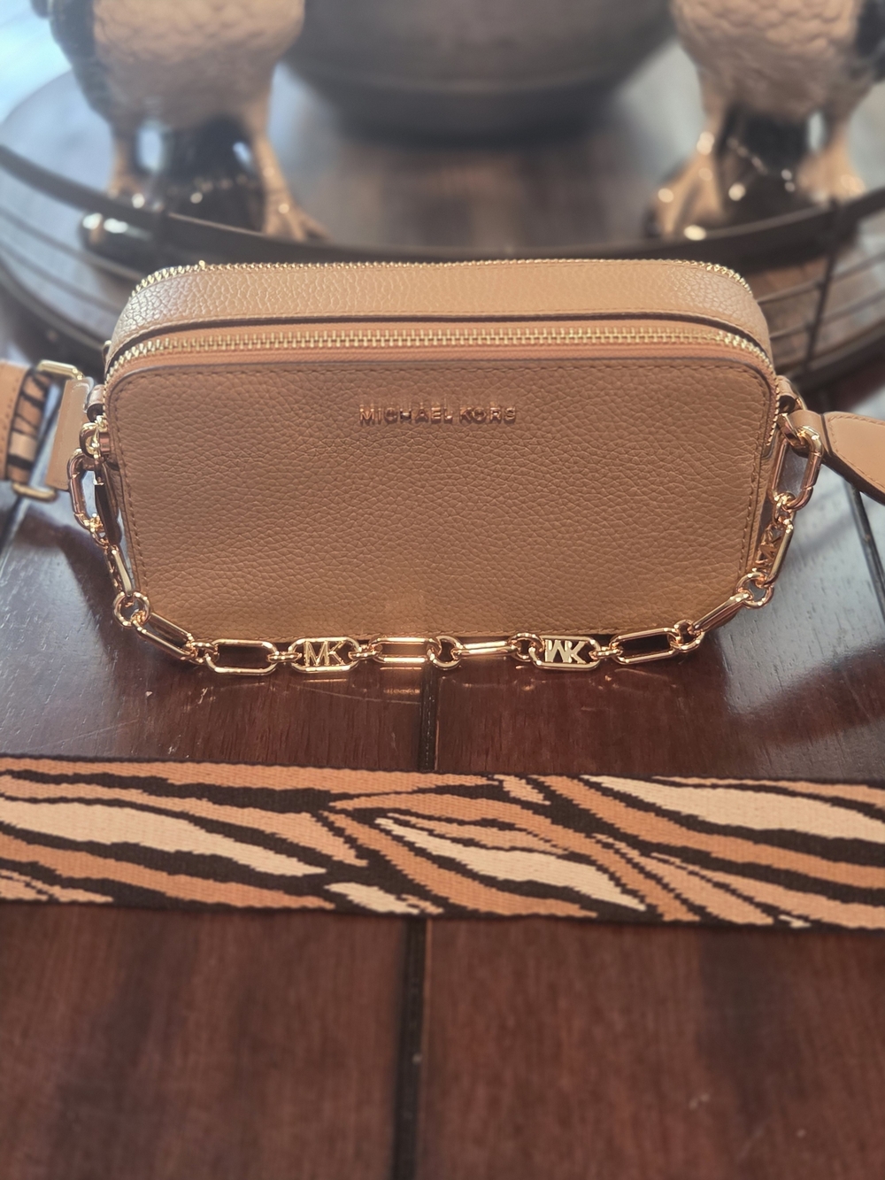MICHAEL KORS Pebbled Leather Crossbody in Tan with Gold Hardware